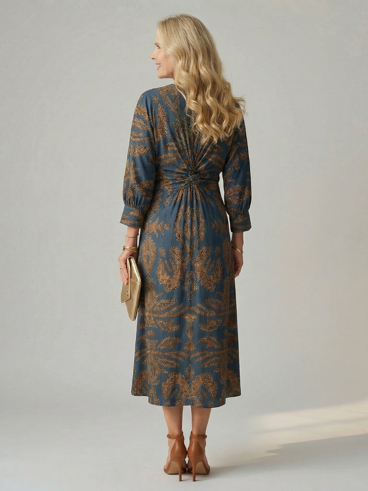 Chic long sleeve midi wrap dress for women, natural fabric, casual elegant, flowy design.