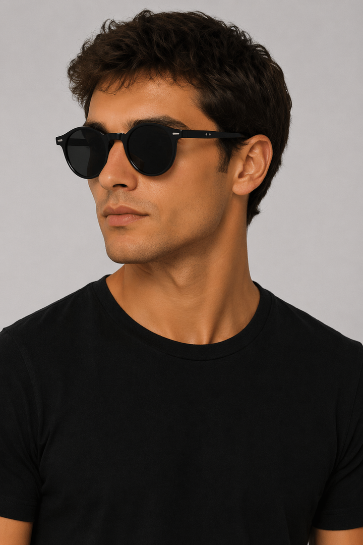 Classic men's round retro eyewear, essential sunglasses for timeless style & sun protection.