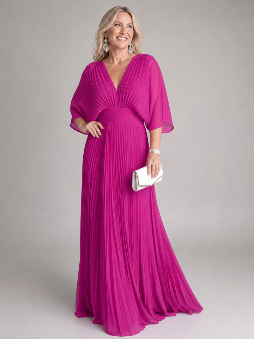 Occasion wear V-neck maxi dress for women, featuring a flowy pleated design & graceful long sleeves.