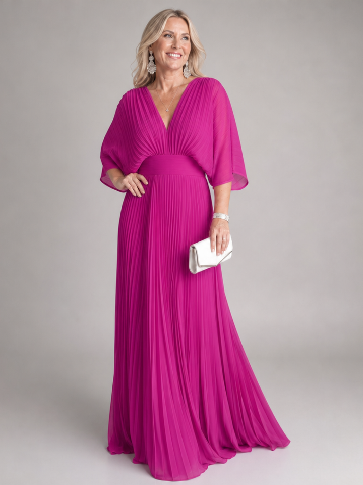Occasion wear V-neck maxi dress for women, featuring a flowy pleated design & graceful long sleeves.