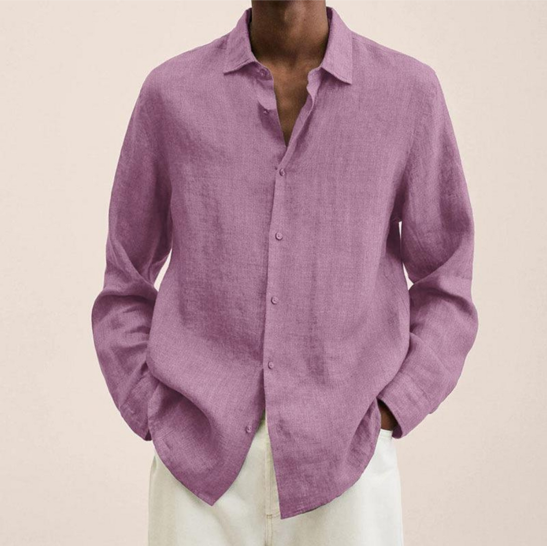 Close-up of the crisp collar on a men's long-sleeve button-up shirt, highlighting quality.