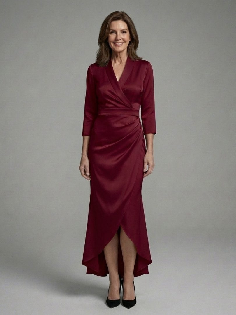 Tailored fit long sleeve wrap midi dress, elegant high-low hem. Ideal formal dress for evening occasions.