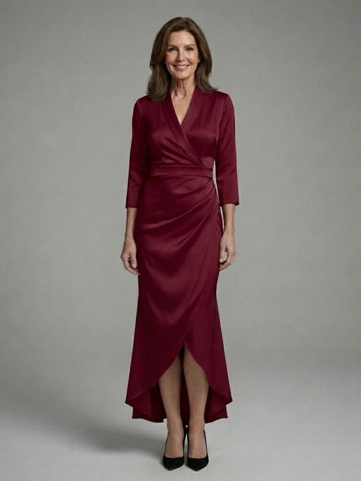 Tailored fit long sleeve wrap midi dress, elegant high-low hem. Ideal formal dress for evening occasions.
