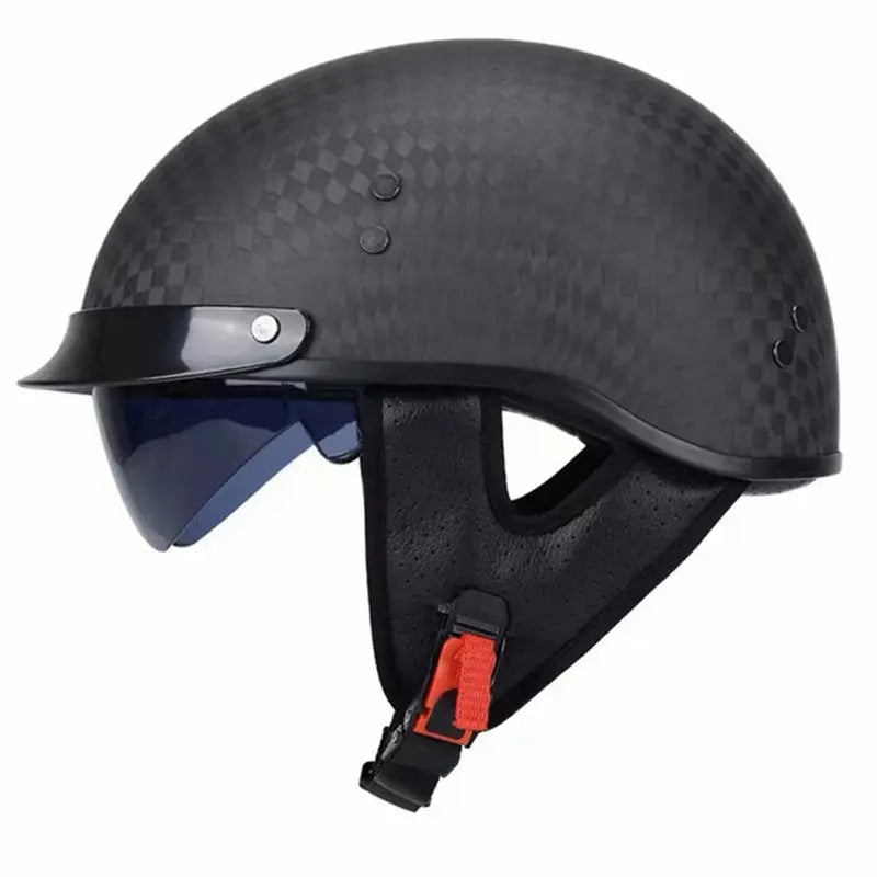 Retro half-face motorcycle helmet in carbon fiber look, ensuring both classic style and rider protection.