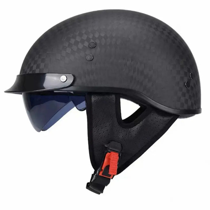 Retro half-face motorcycle helmet in carbon fiber look, ensuring both classic style and rider protection.