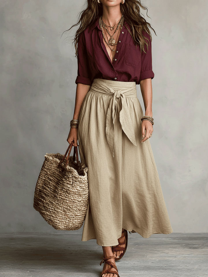 Feminine women's summer fashion co-ord set, with a flowy skirt and top, ideal for resort wear.