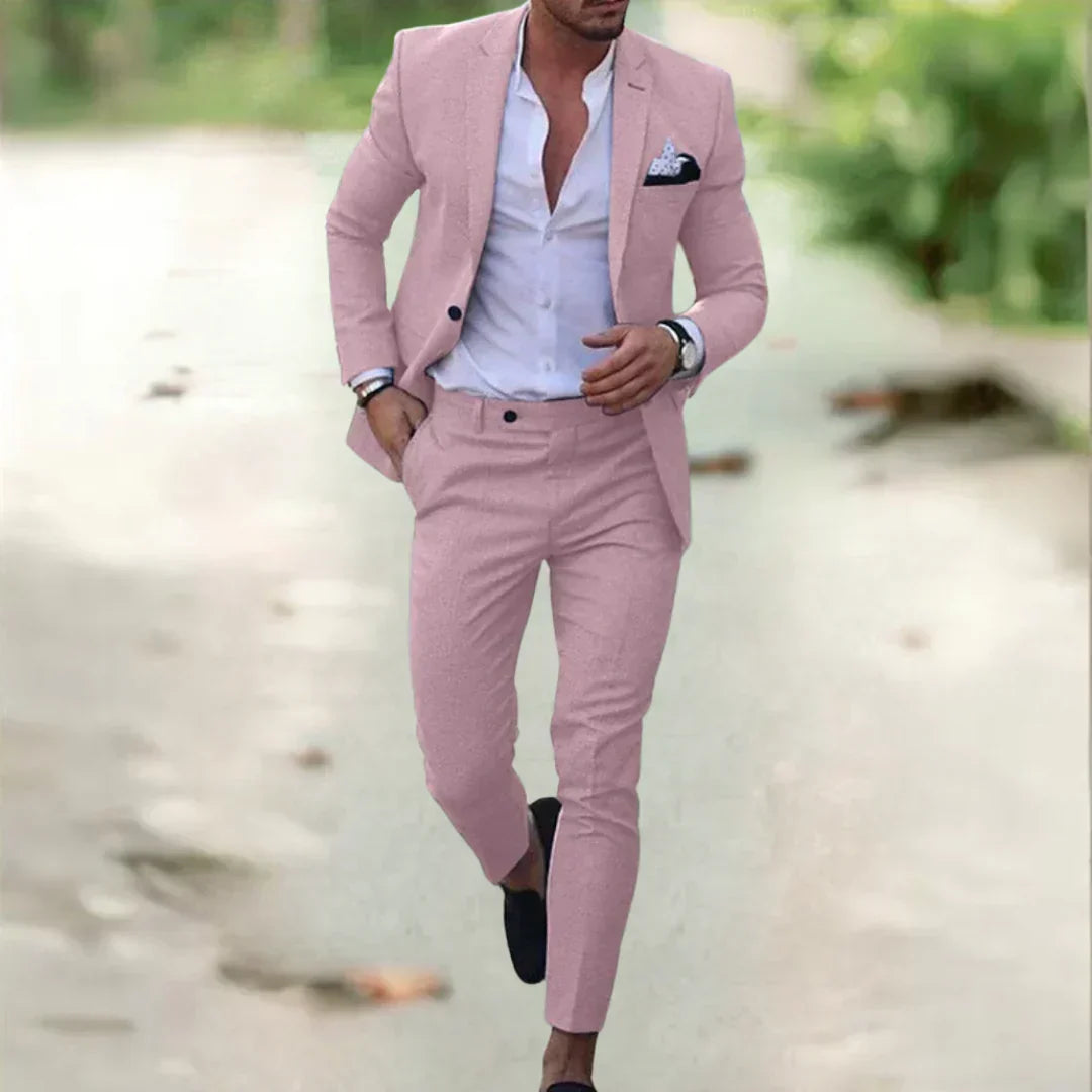 Stylish woman posing in a luxurious two-piece suit set. Elegant blazer and pants for versatile formal wear.