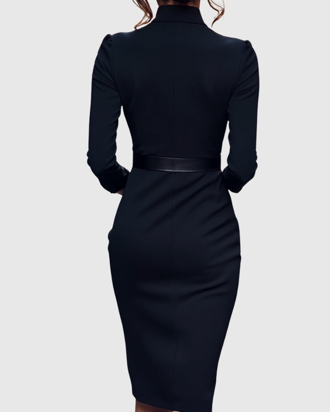 Flattering women's belted midi dress, mock wrap design, suitable for office and evening events.