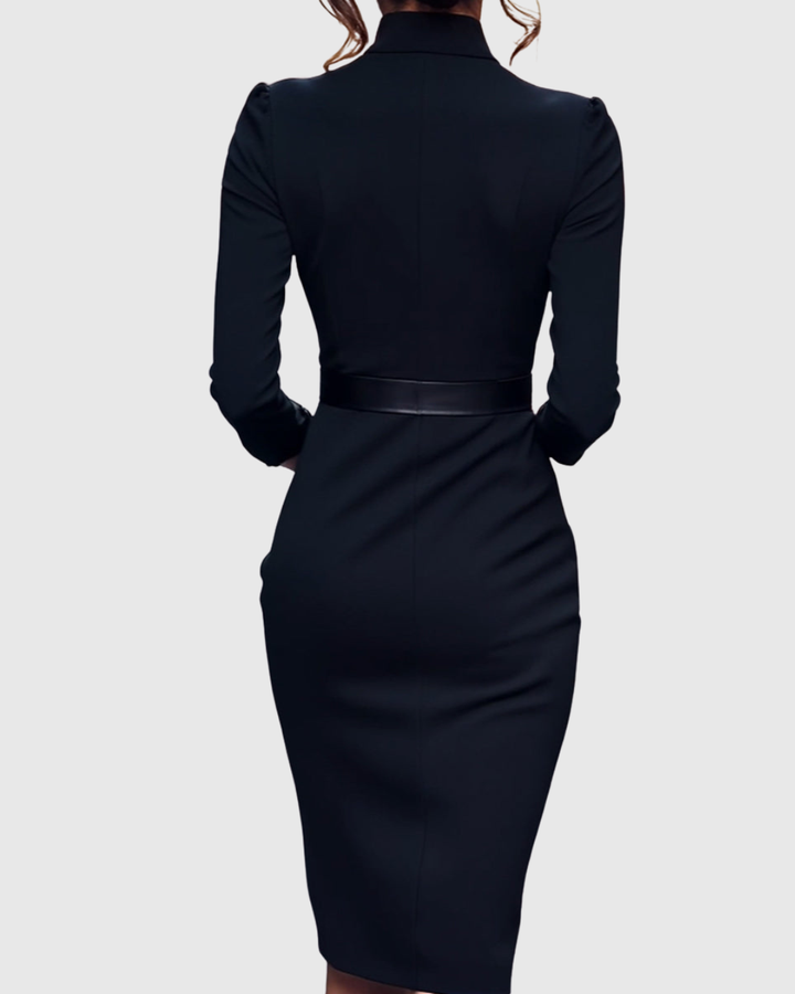 Flattering women's belted midi dress, mock wrap design, suitable for office and evening events.