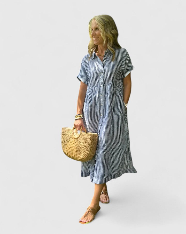 Women's comfortable vertical stripe midi dress, perfect for casual, versatile everyday wear.