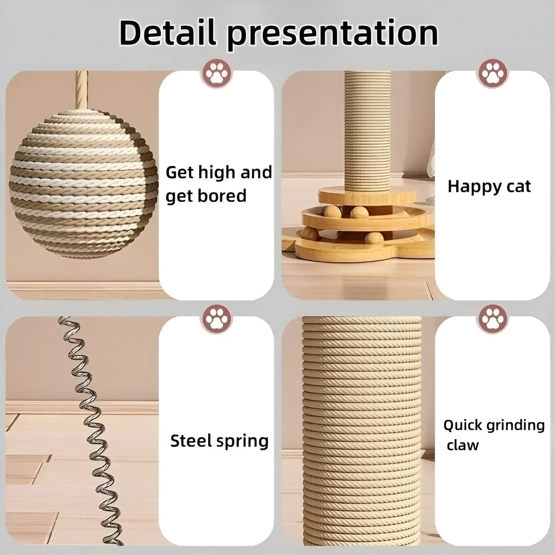 Elegant wooden cat scratcher tower with integrated interactive toys, perfect for play and furniture protection.