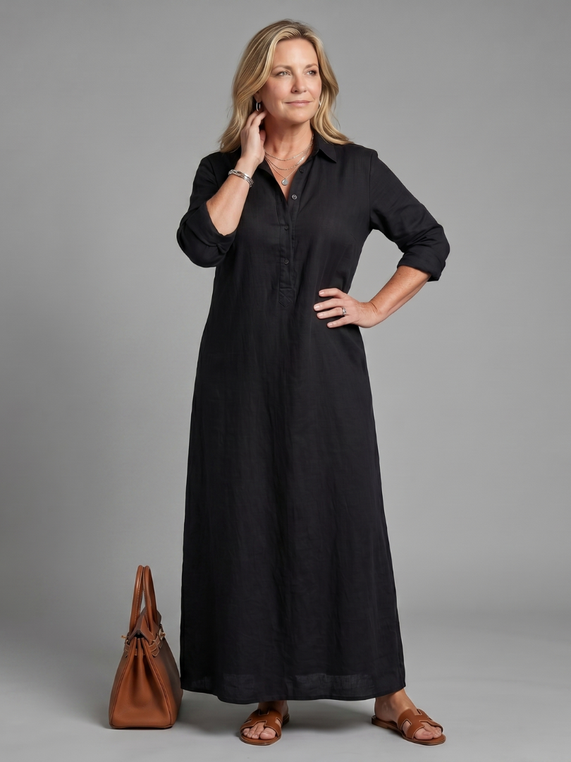 Everyday elegant women's maxi dress: long sleeves, relaxed fit, collared, and practical button front.