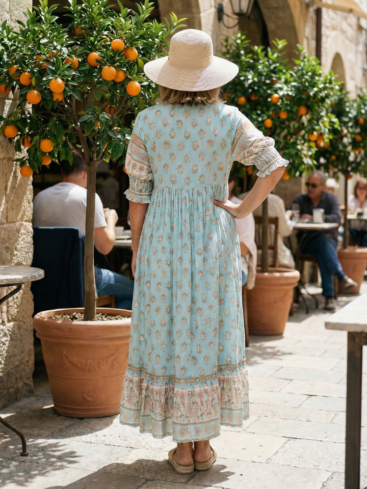 Elegant floral V-neck midi dress for women. Comfortable, casual, and perfect for spring & summer everyday style.