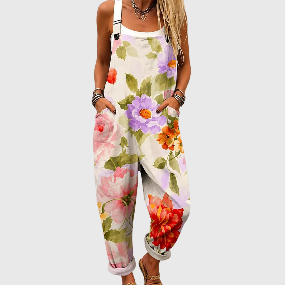 Women's elegant watercolor floral overalls with a relaxed fit, perfect for casual summer and spring fashion.