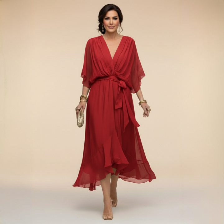 Sophisticated women's V-neck maxi dress, offering elegant flow and a timeless, modern style.