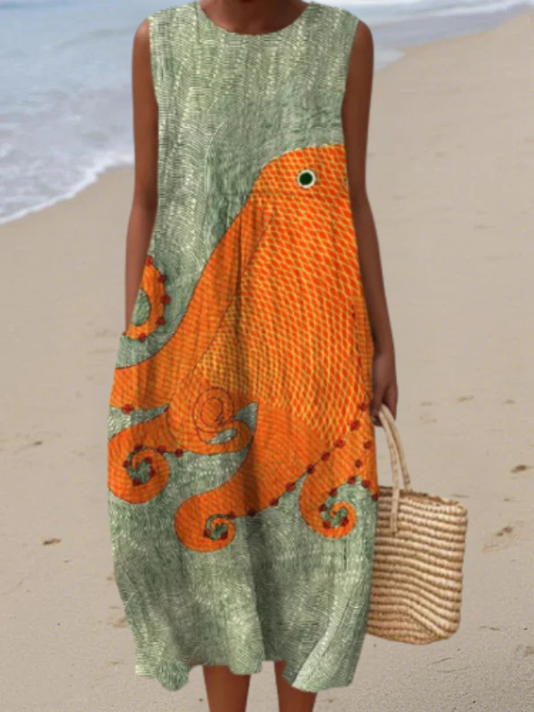 Women's Oceanic Midi Dress, multicolor octopus print. Relaxed fit summer beach wear, perfect for vacation style.