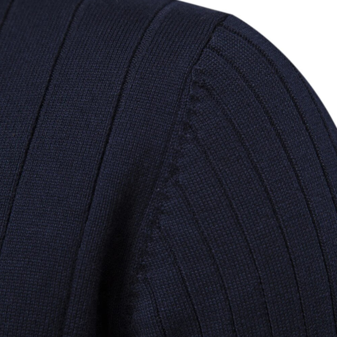 Effortless men's fashion: fitted quarter-zip long-sleeve sweater with a mock neck, ideal for layering.