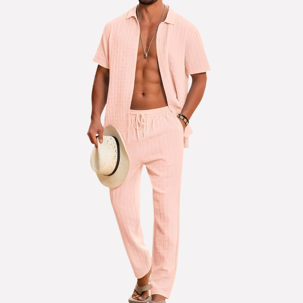 Vacation-ready men's co-ord set: textured shirt & relaxed trousers for effortless summer fashion.