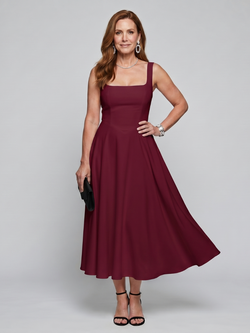 Versatile women's sleeveless square neck black midi dress, flared skirt, suitable for casual or elegant.