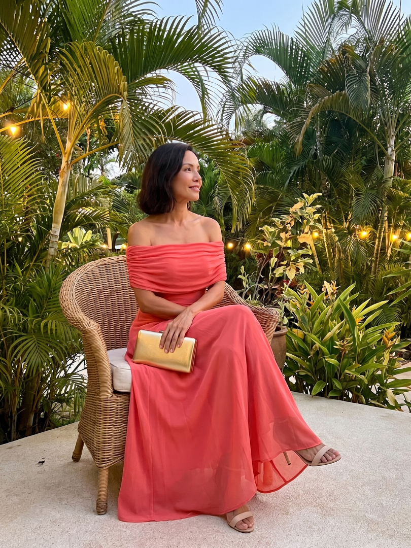 Women's chic off-shoulder draped midi dress, perfect for summer parties & cocktail events.