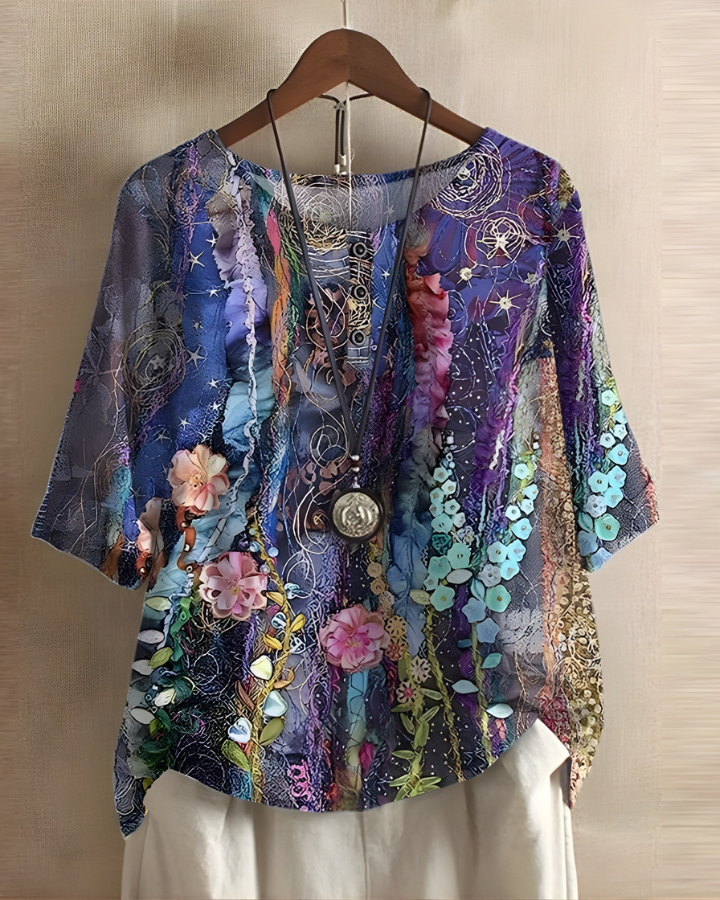 Women's vibrant summer top, comfortable and casual, with a relaxed boho aesthetic.