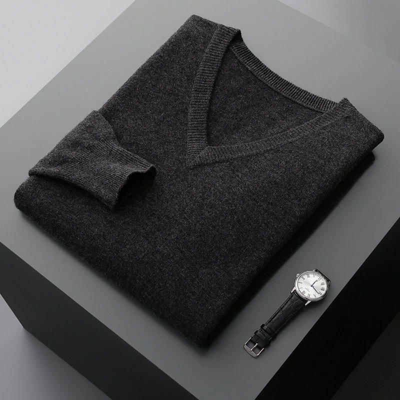 Soft men's V-neck knit sweater, long sleeve pullover for casual menswear, great layering piece.