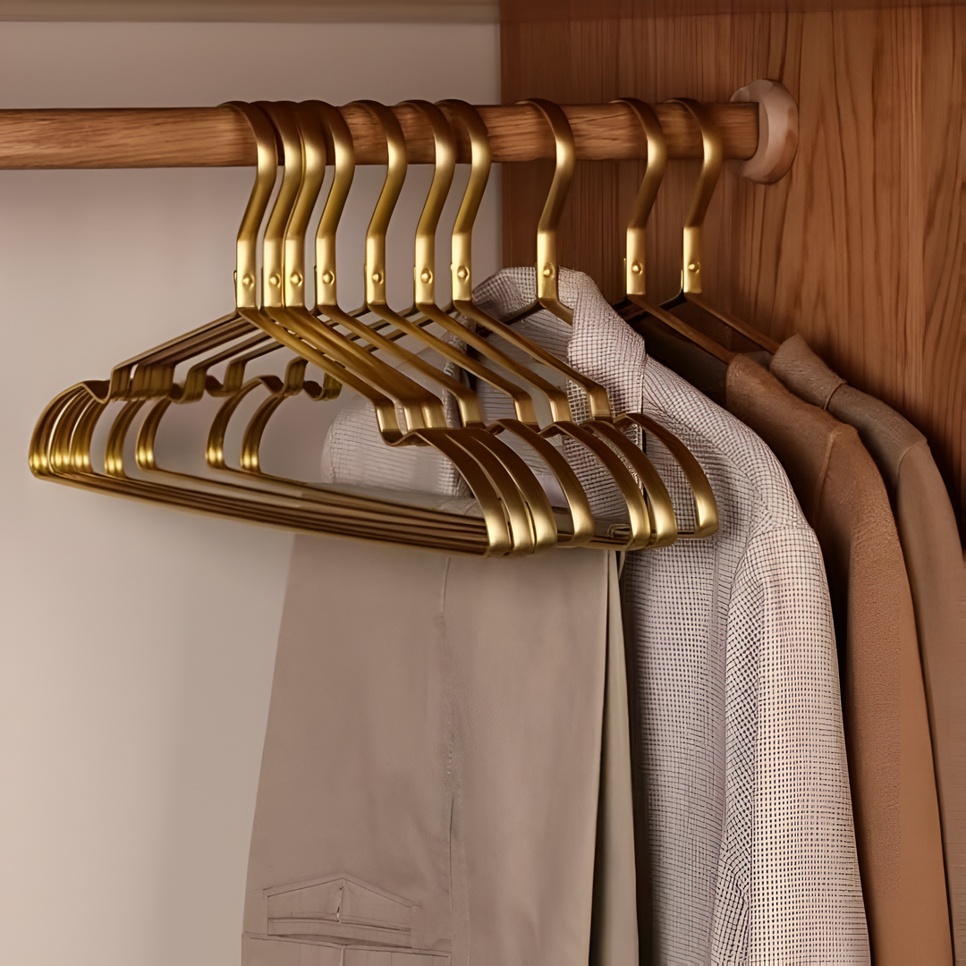 Set of sleek aluminium anti-slip coat hangers. Perfect for efficient wardrobe organization & gentle garment care.