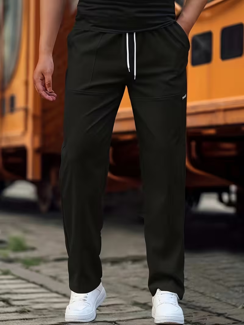 Simple men's straight-leg pants, exceptionally comfortable and versatile for everyday and casual wear.