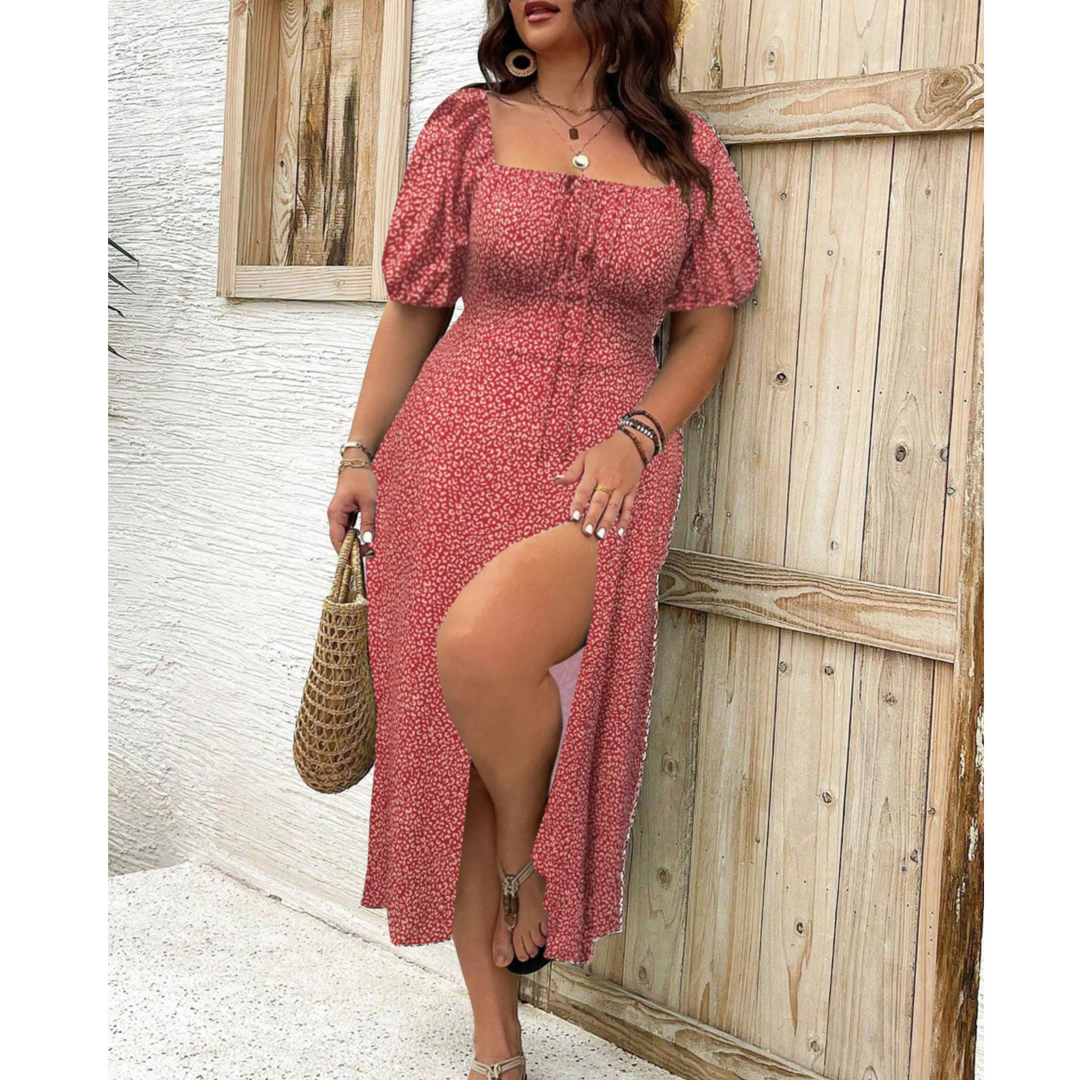 Summer-ready women's puff sleeve midi dress, elegant with a square neck & comfortable smocked waist.