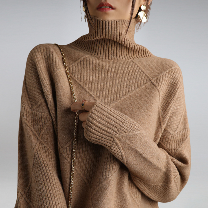 Cozy knit oversized turtleneck sweater for women. Relaxed fit pullover, perfect for casual chic fall fashion.