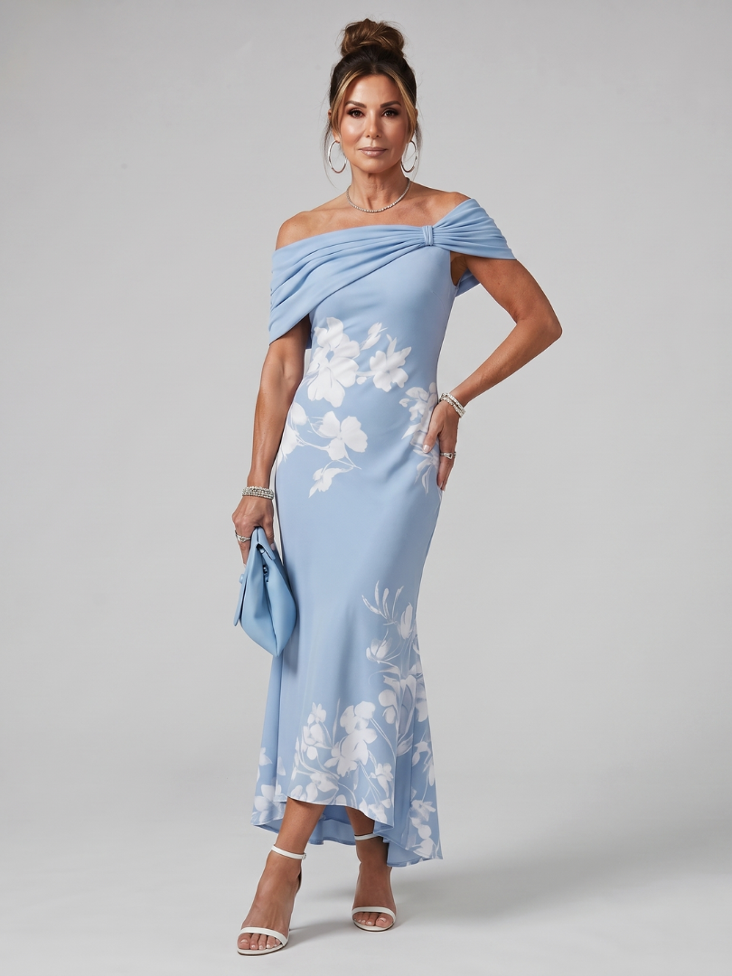 Chic black draped off-shoulder midi dress, an ideal party dress or cocktail gown for stylish women.