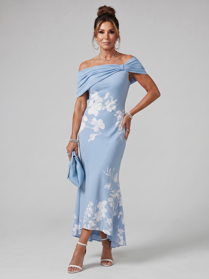Chic black draped off-shoulder midi dress, an ideal party dress or cocktail gown for stylish women.