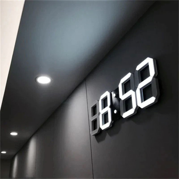 Futuristic 3D LED wall clock with modern digital display for time, temperature & date. Smart home decor.