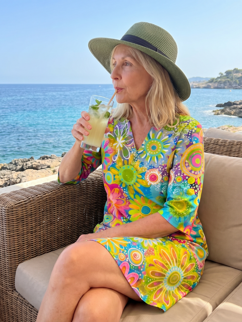 Easy wear women's spring dress, featuring a multicolor floral pattern and knee length.