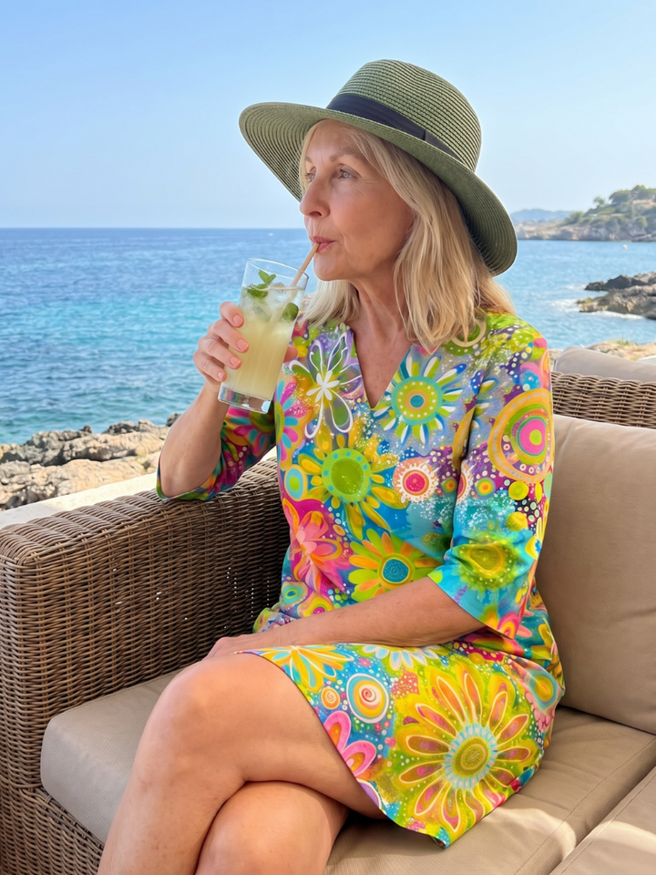 Easy wear women's spring dress, featuring a multicolor floral pattern and knee length.