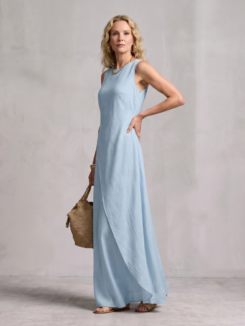 Effortless style women's flowy maxi dress, a comfortable sleeveless design with asymmetric layers.