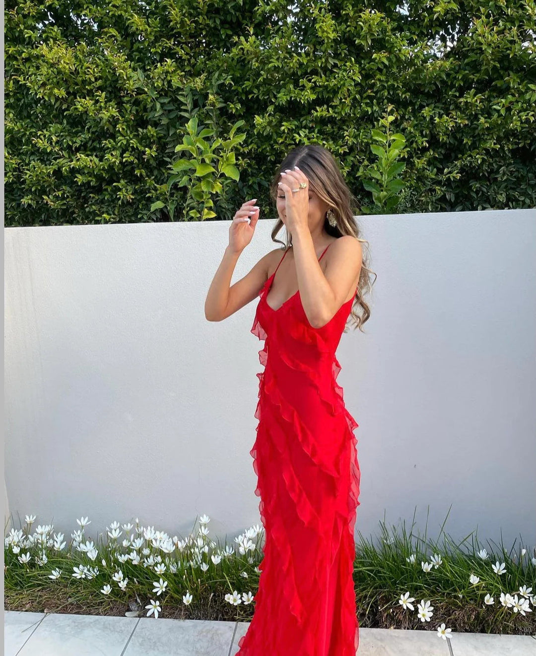 Women's occasion wear: elegant ruffled maxi dress with graceful ruffles and a maxi length.