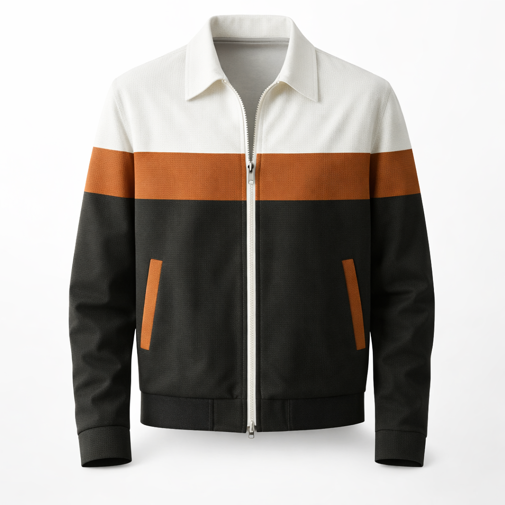 Versatile men's colourblock zip-up jacket, ideal spring outerwear for layering and modern casual style.