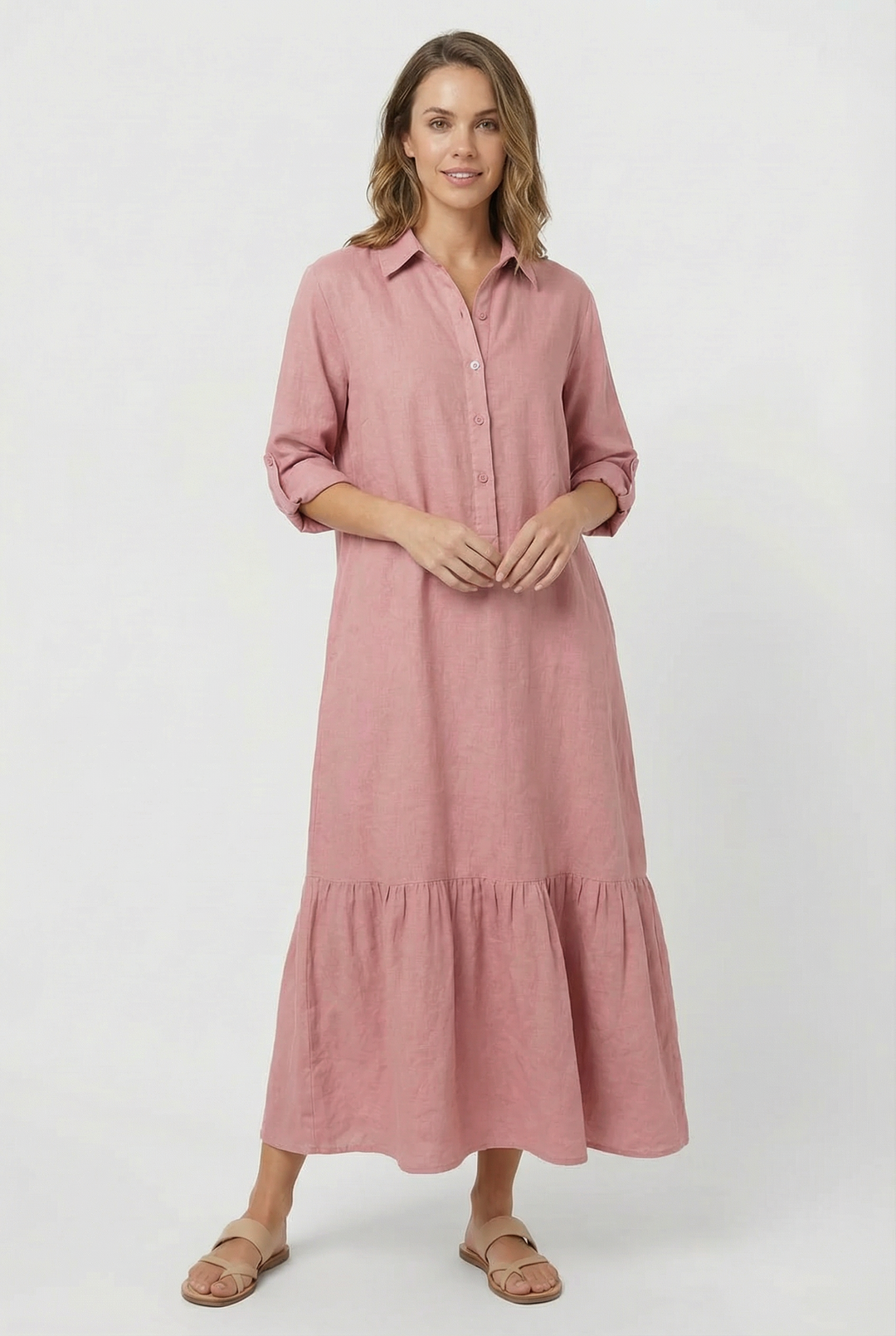 Chic tiered maxi dress for women, featuring long sleeves and a stylish button-front shirt design.