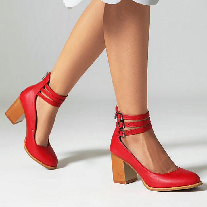 Fashion-forward women's block heels with a supportive ankle strap, great for special occasions.