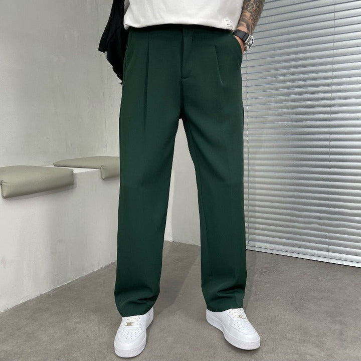 Versatile men's wide-leg dress trousers with double pleats, ideal for sophisticated office attire, formal events, or contemporary style.