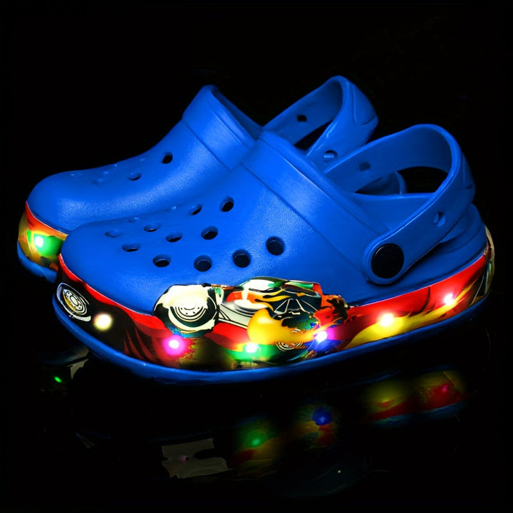 Exciting glow-in-the-dark kids' clogs; breathable, anti-slip shoes for safe, playful summer adventures.