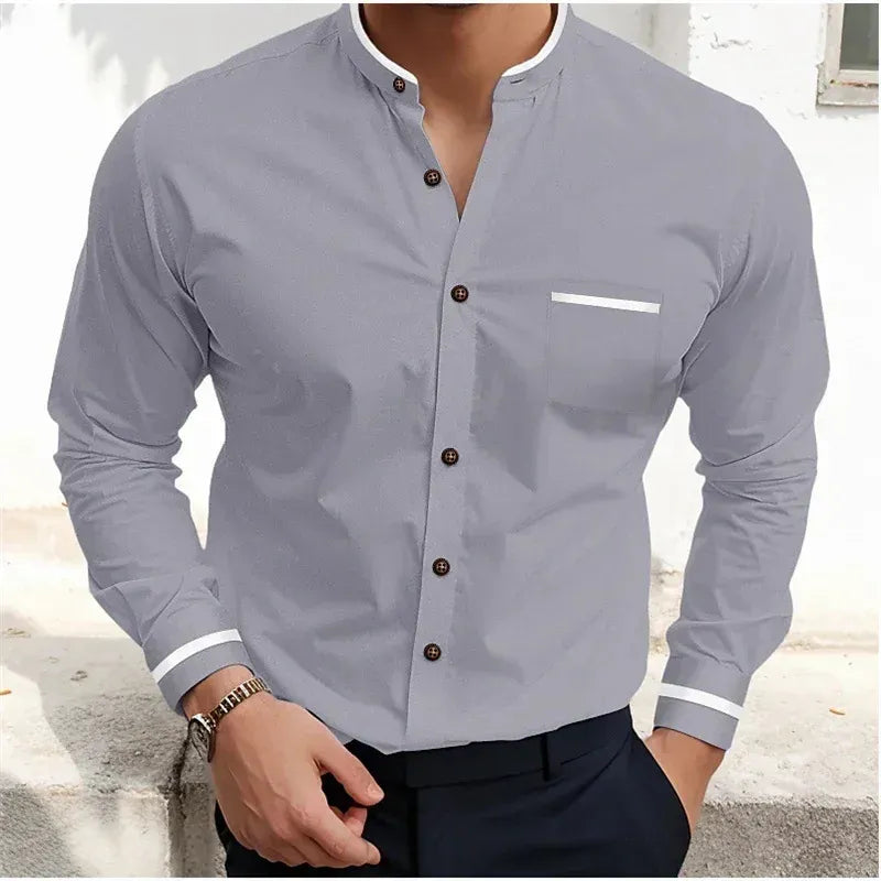 Elegant men's long-sleeve formal shirt. Grandad collar design with a neat contrast trim chest pocket.