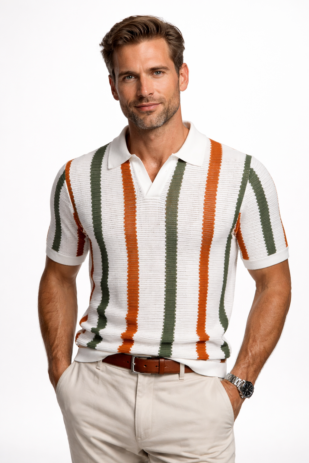 Men's vertical stripe knit polo shirt with an open collar, perfect for summer casual wear.