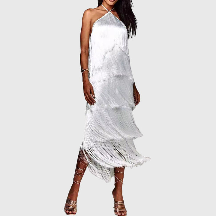 Stylish women's halter neck dress with elegant tassels. Ideal sleeveless evening or special occasion party wear.