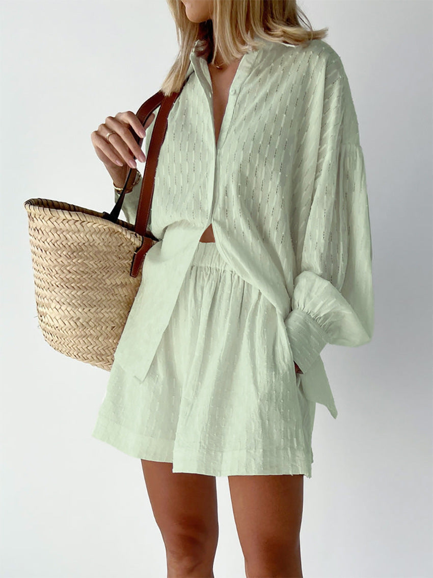 Side profile of the women's broderie short set, showcasing the relaxed fit of the summer outfit.