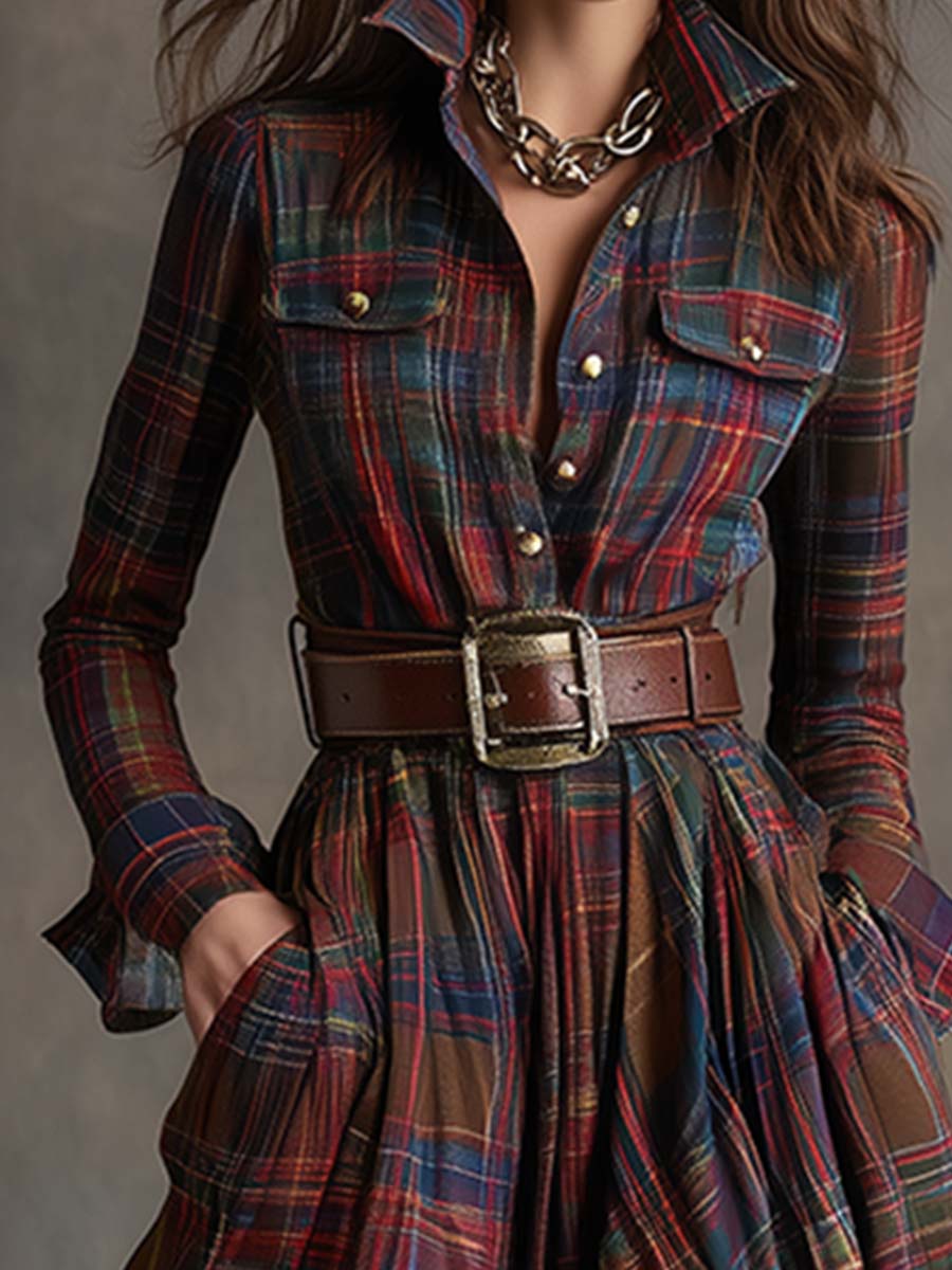 Detail of the elegant belt on a women's plaid shirt dress, highlighting its cinched waist.