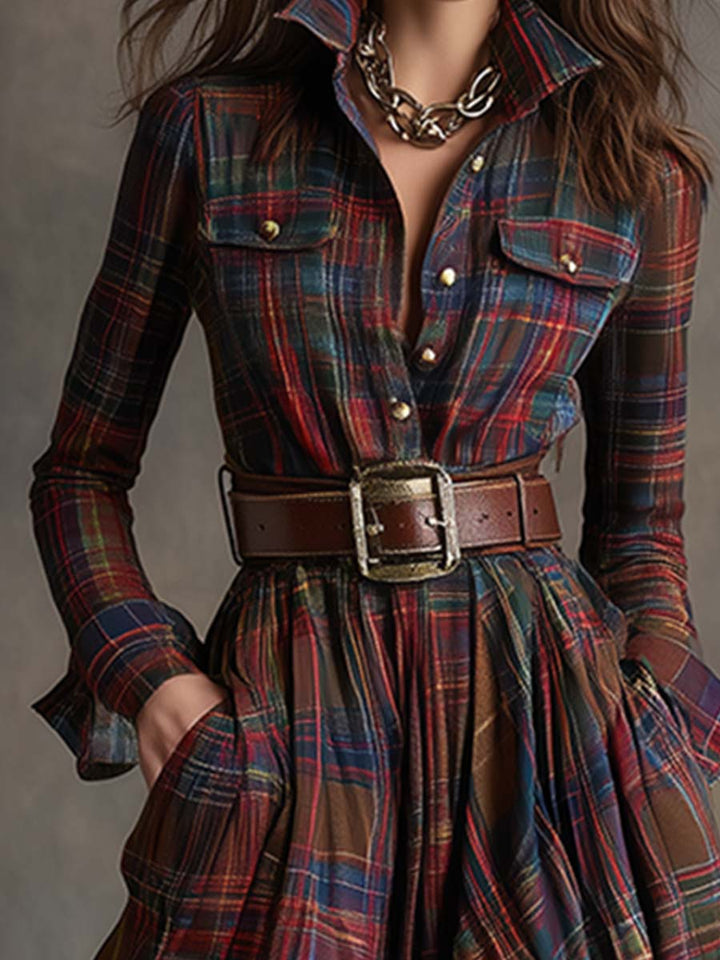 Detail of the elegant belt on a women's plaid shirt dress, highlighting its cinched waist.
