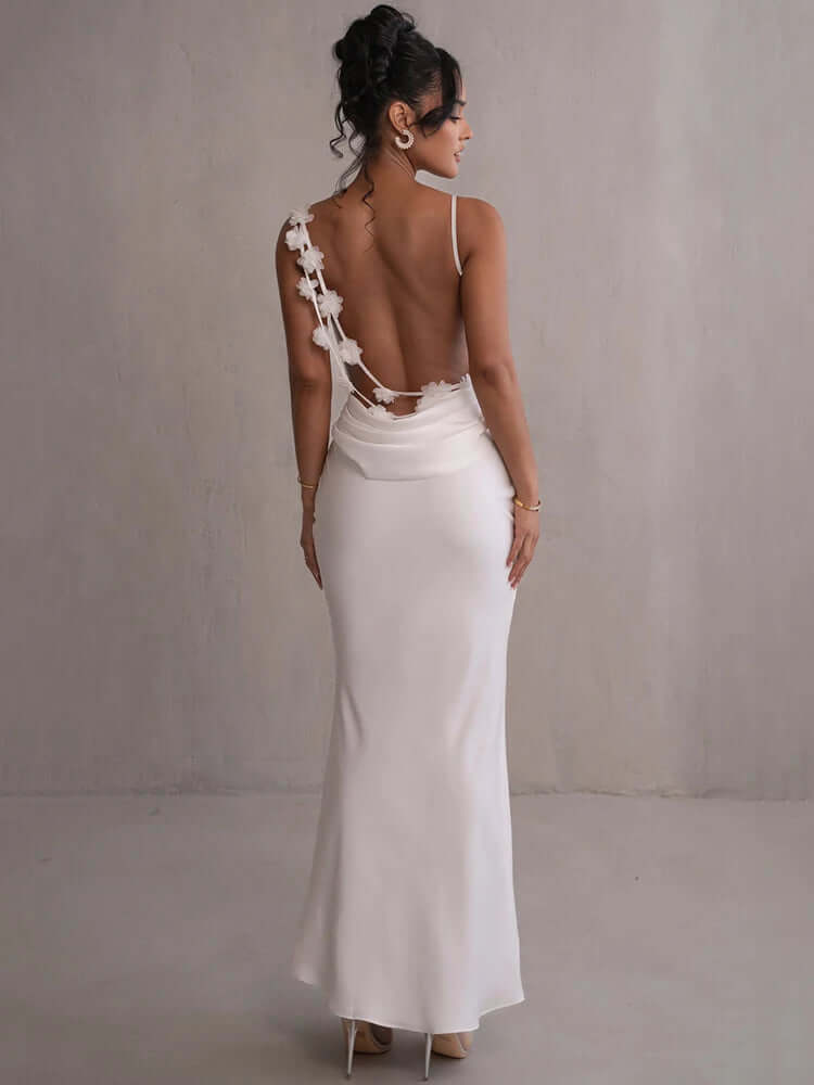Satin Backless Floral Appliqué Evening Gown