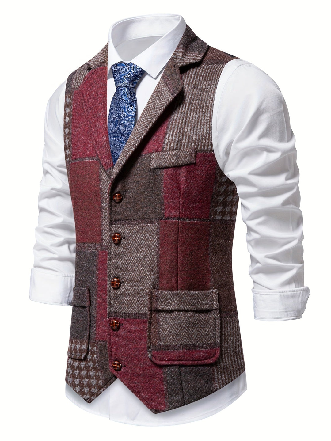 Close-up of men's unique patchwork herringbone vest, showing tailored fabric and single-breasted design.